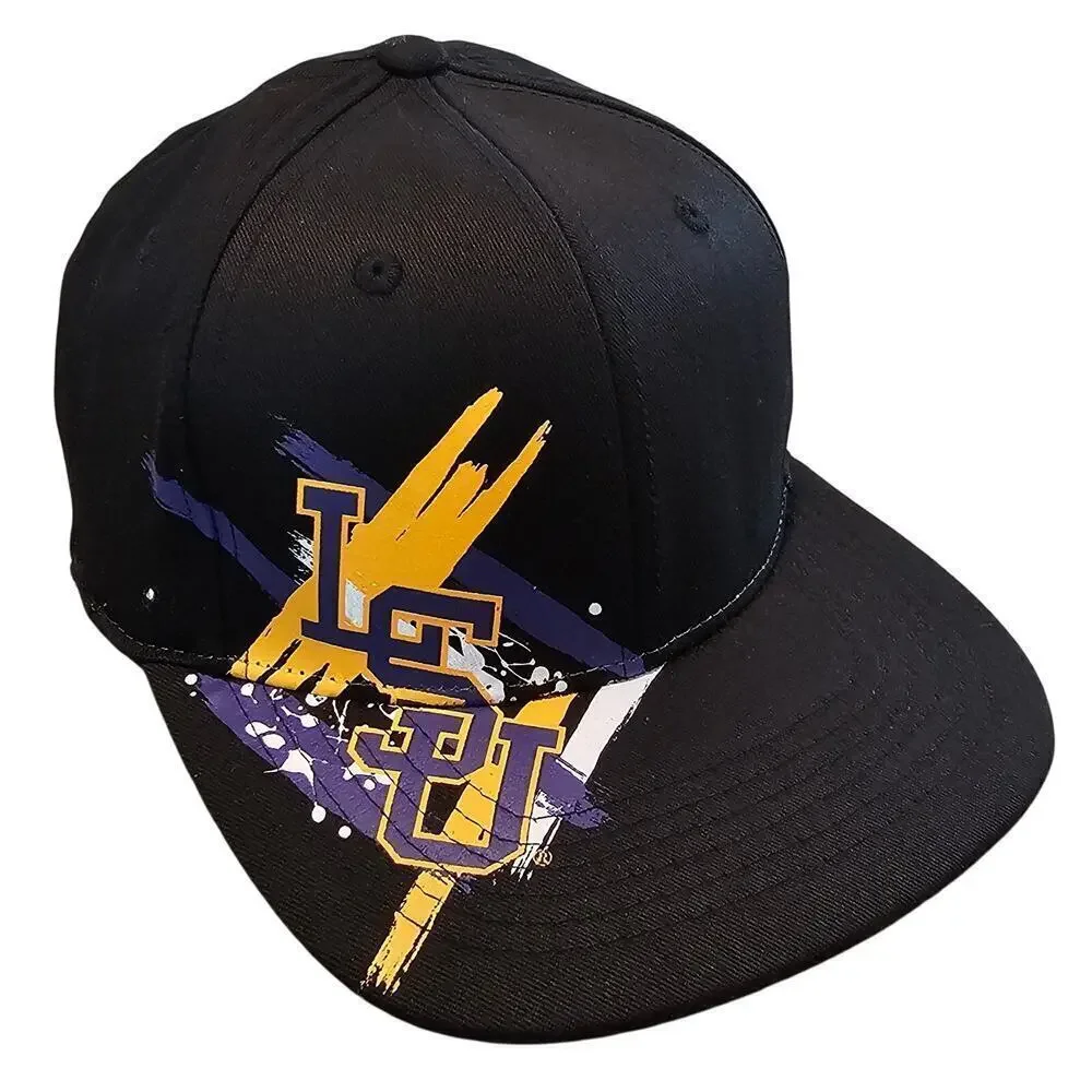 Vintage LSU Louisiana Tigers Fitted Hat Cap 90s NCAA Black Paint Splatter Retro